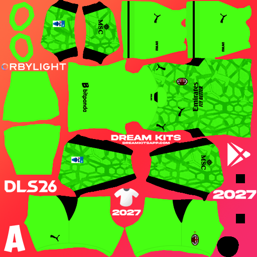 Kit / Uniforme Portero Tercero AC Milan 2026-2027 Dream League Soccer / DLS 2026 512x512 PNG