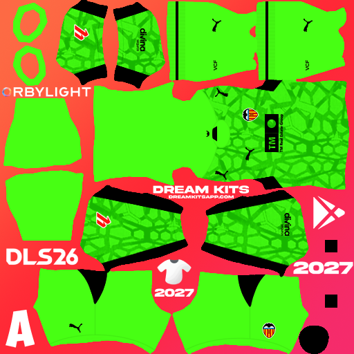 Kit / Uniforme Portero Visita Valencia 2026-2027 Dream League Soccer / DLS 2026 512x512 PNG